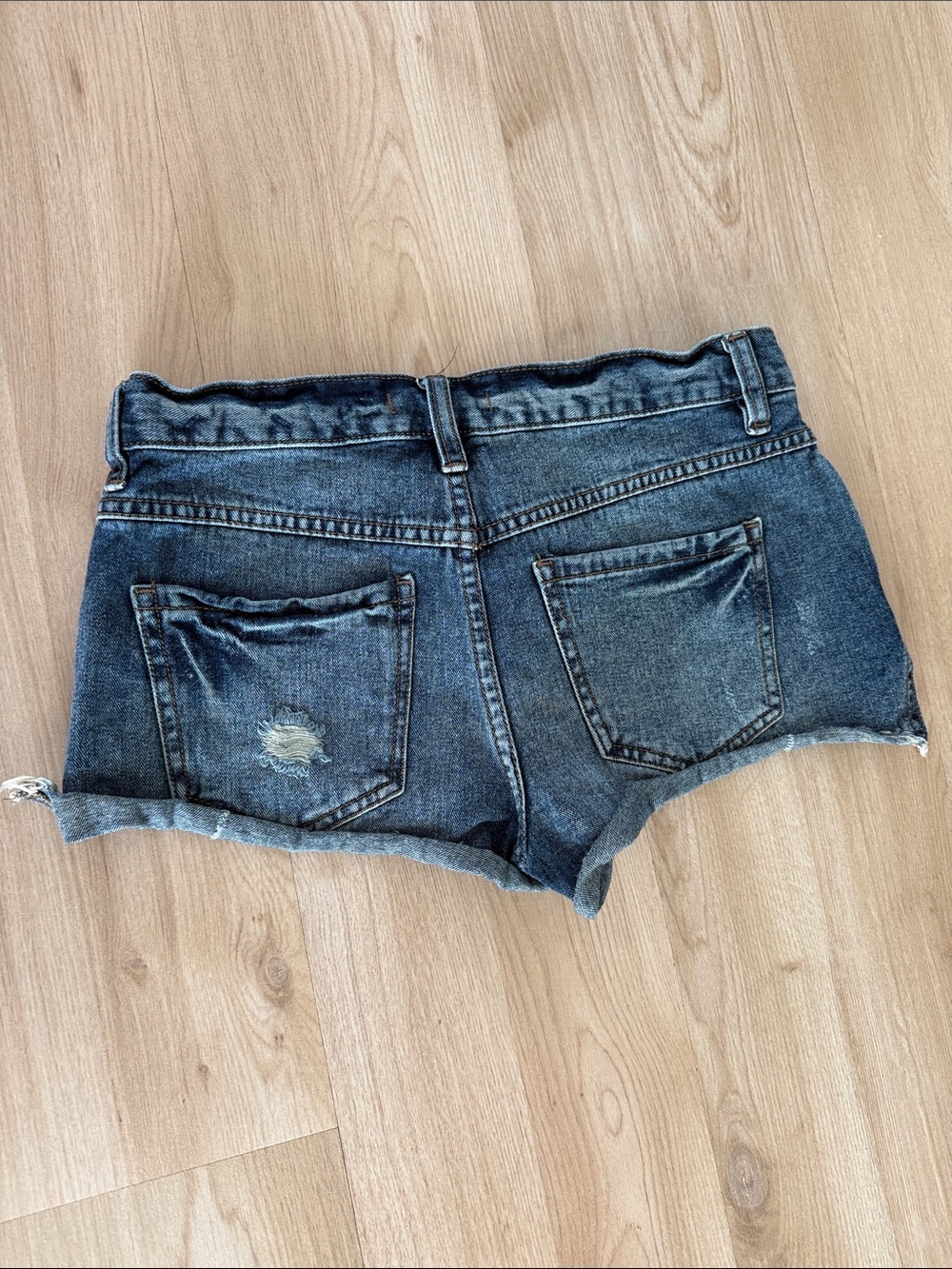 Free People Dark Blue Distressed Button-Front Denim Shorts - Picture 2 of 4